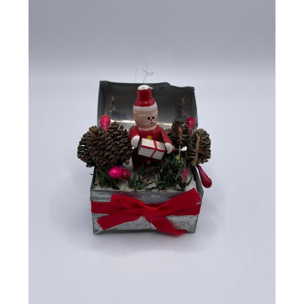 Vintage Napcoware Wooden Santa in Tin Metal Trunk Ornament, Pine Cones, Red Bow